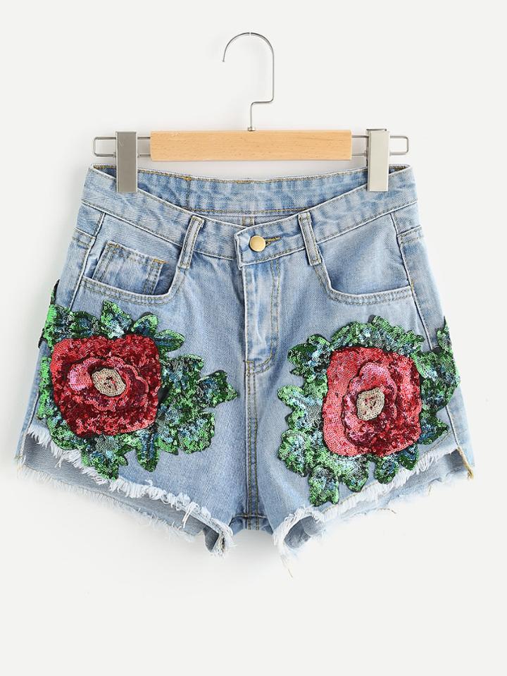 Shein 3d Sequin Applique Frayed Hem Denim Shorts