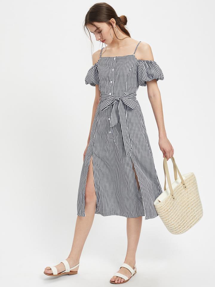 Shein Gingham Lantern Sleeve Self Tie M-slit Dress