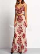 Shein Burgundy Embroidery Cut-out Waist Tie Back Maxi Dress
