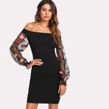 Shein Embroidered Mesh Sleeve Bardot Dress