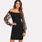 Shein Embroidered Mesh Sleeve Bardot Dress