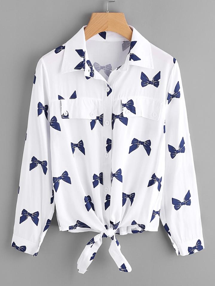 Shein All Over Bow Print Rolled Sleeve Knotted Shirt