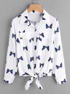 Shein All Over Bow Print Rolled Sleeve Knotted Shirt