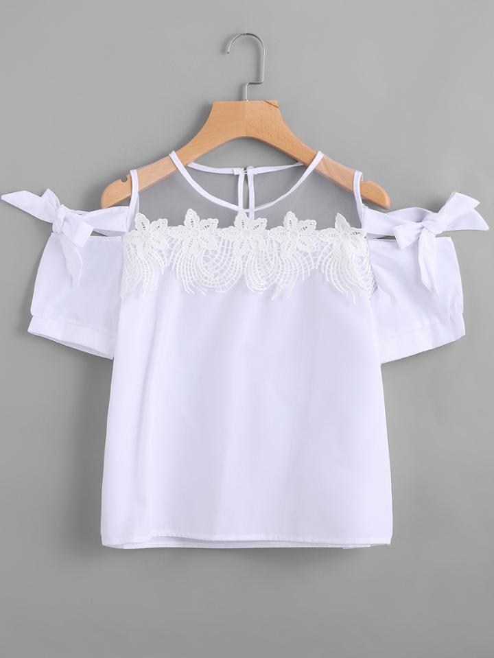 Shein Appliques Keyhole Back Bow Tie Detailed Top