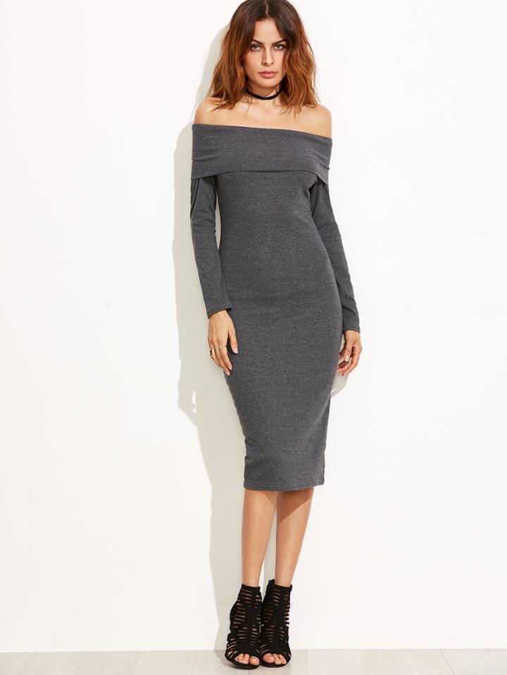 Shein Dark Grey Off The Shoulder Pencil Dress