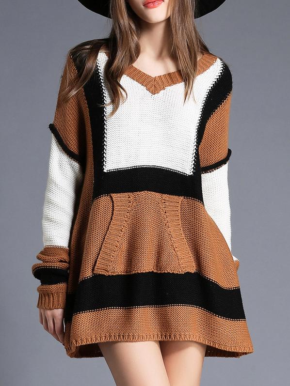 Shein Camel Color Block Knit T-shirt Dress