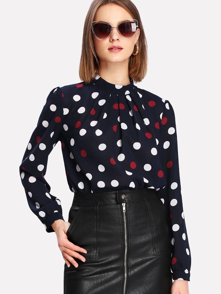 Shein Pleated Front Polka Dot Blouse