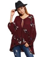 Shein Burgundy Floral Tie Front Pleated Blouse