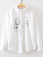 Shein White Magician Embroidery Sharp Collar Button Blouse