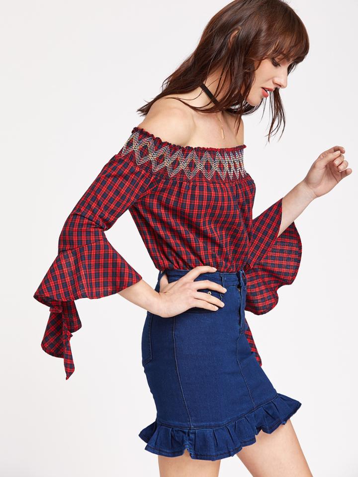 Shein Tartan Plaid Off The Shoulder Bell Sleeve Top