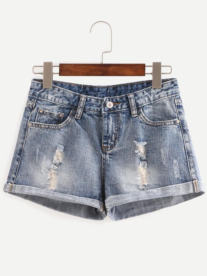 Shein Distressed Rolled Hem Denim Shorts - Blue