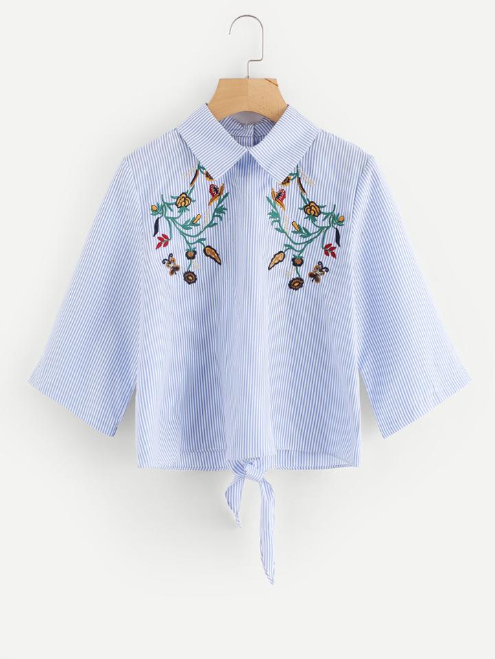 Shein Botanical Embroidered Pinstripe Self Tie Back Shirt