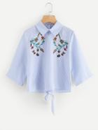 Shein Botanical Embroidered Pinstripe Self Tie Back Shirt