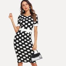 Shein Contrast Bow Embellished Polka Dot Pencil Dress