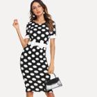 Shein Contrast Bow Embellished Polka Dot Pencil Dress