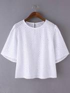 Shein White Half Sleeve Keyhole Back Hollow Blouse