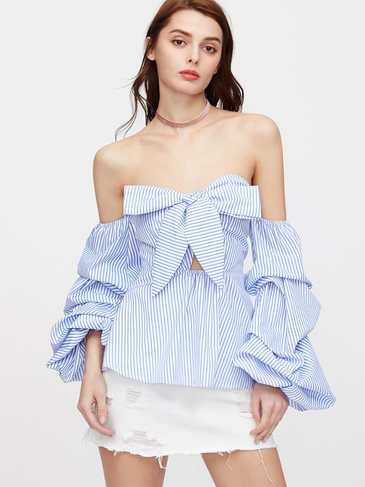 Shein Bow Sweetheart Ruched Sleeve Striped Peplum Top