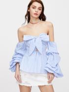 Shein Bow Sweetheart Ruched Sleeve Striped Peplum Top