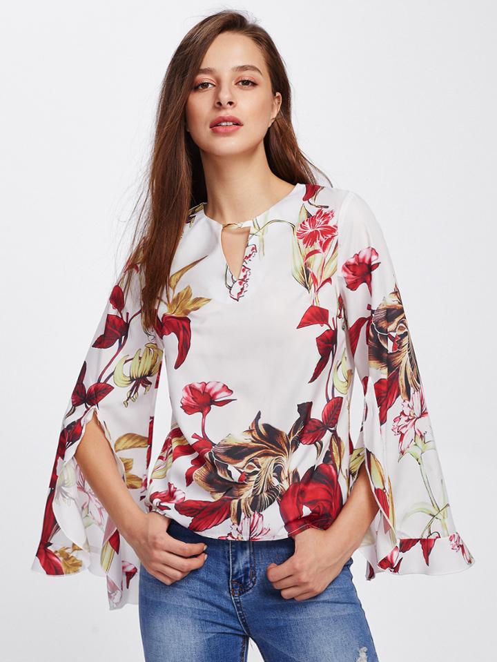 Shein Keyhole Neck Frilled Split Sleeve Top
