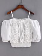 Shein White Crochet Applique Smocked Hem Cold Shoulder Top