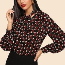 Shein Tie Neck Lantern Sleeve Geometric Top