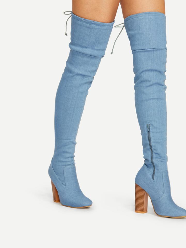 Shein Lace Up Back Over The Knee Denim Boots