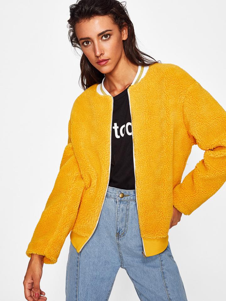 Shein Striped Collar Fuzzy Jacket