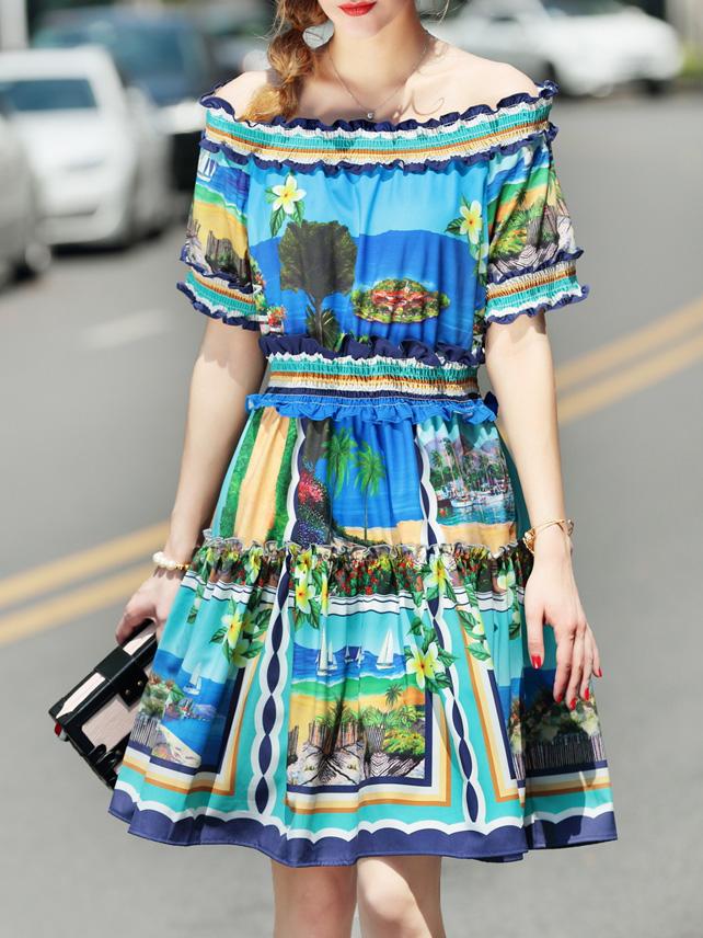 Shein Boat Neck Beach Print Pleated Flounce Dress