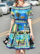 Shein Boat Neck Beach Print Pleated Flounce Dress