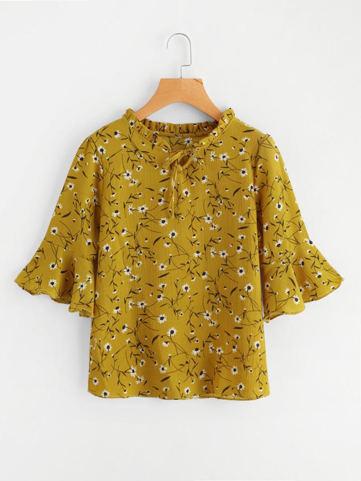 Shein Calico Print Flute Sleeve Frill Blouse