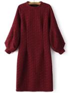 Shein Burgundy Crew Neck Lantern Sleeve Slit Dress