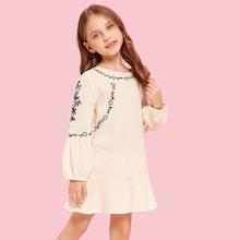 Shein Girls Embroidery Detail Ruffle Hem Dress