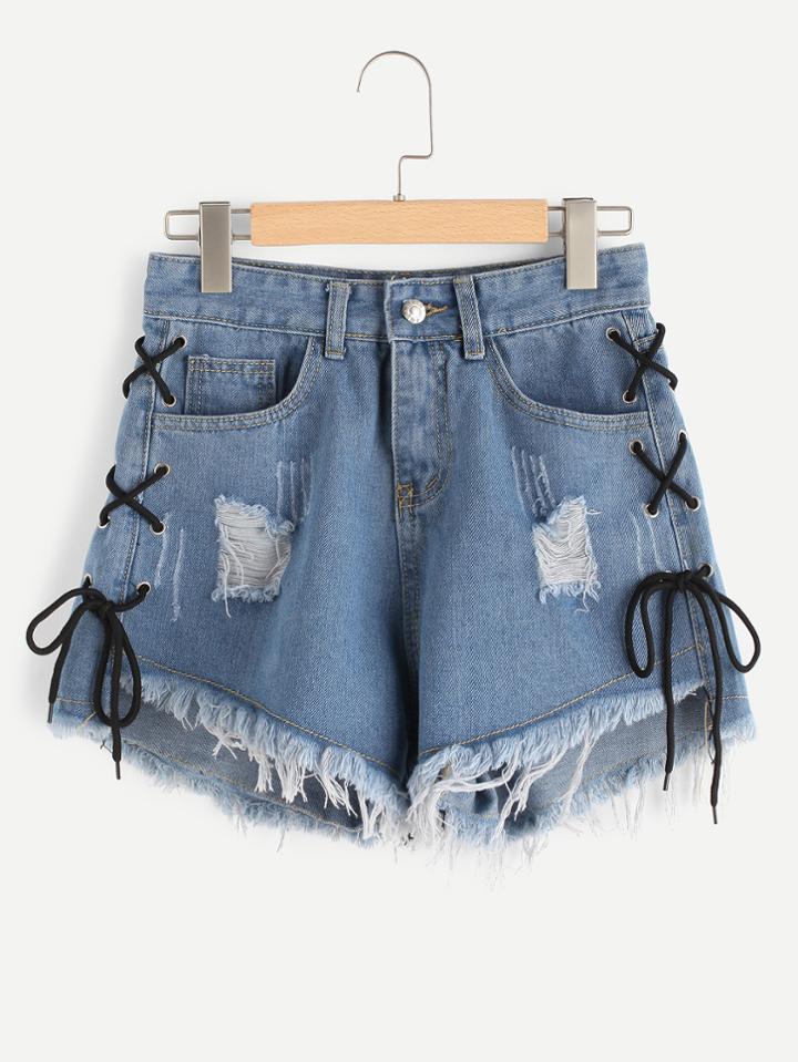 Shein Eyelet Lace Up Side Frayed Hem Denim Shorts