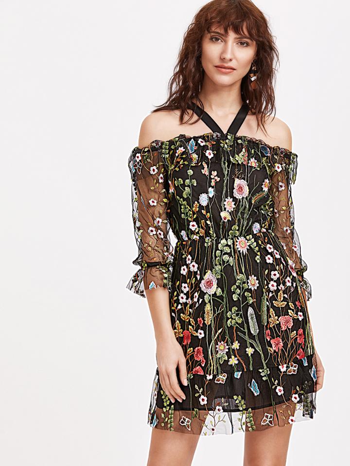 Shein Black Cold Shoulder Flower Embroidered Mesh Dress
