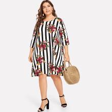 Shein Plus Flower And Stripe Print Tunic Dress