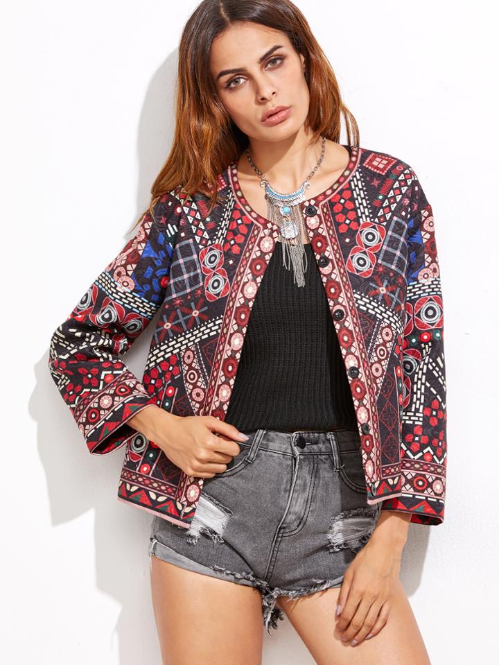 Shein Multicolor Geo Print Collarless Jacquard Blazer