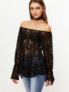Shein Black Sheer Ruffle Lace Blouse