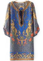 Shein Blue Half Sleeve Woven Vintage Floral Loose Dress