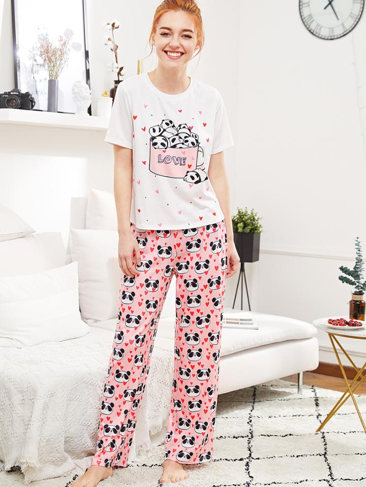 Shein Panda And Heart Print Tee & Pants Pj Set