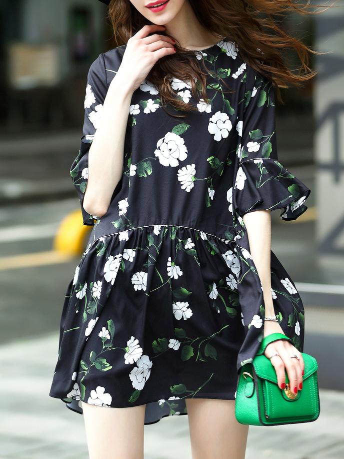 Shein Flowers Print Bell Sleeve Dress