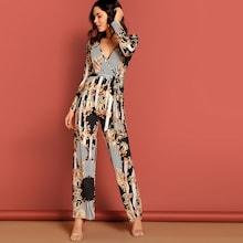 Shein Waist Belted Floral Striped V-neck Jumpsuit