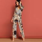 Shein Waist Belted Floral Striped V-neck Jumpsuit