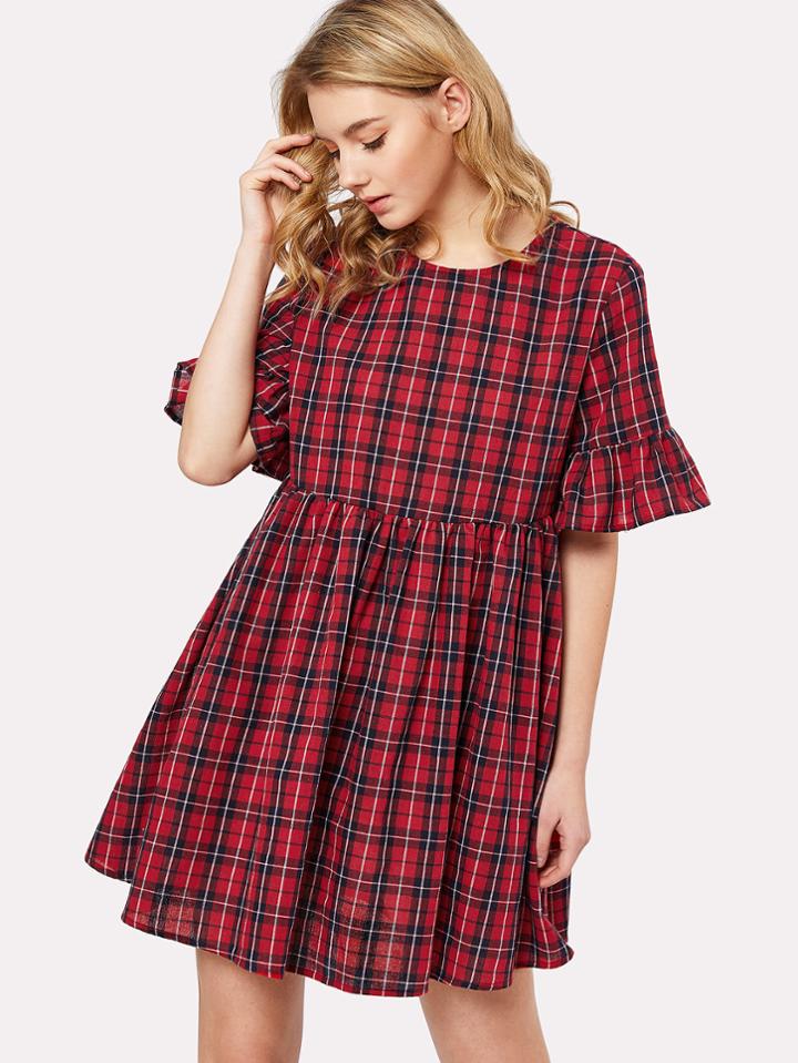 Shein Trumpet Sleeve Checked Smock Dress