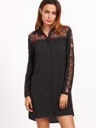 Shein Black Embroidered Mesh Yoke And Sleeve Shirt Dress