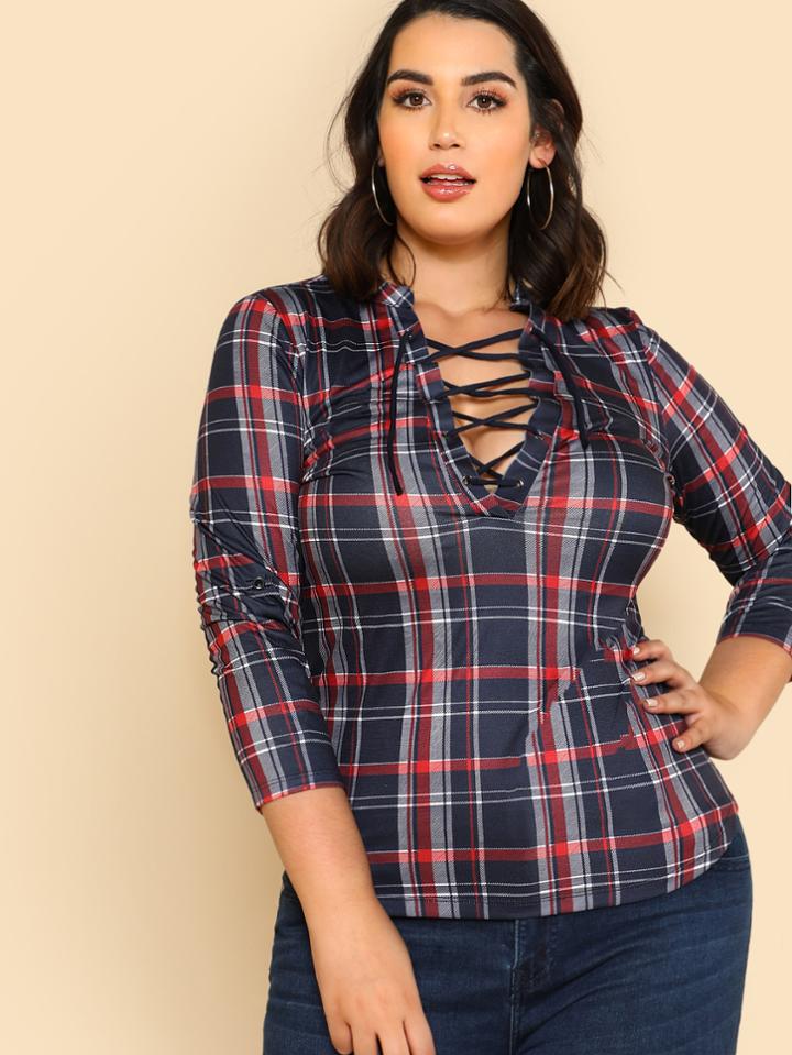 Shein Lace Up Placket Plaid Blouse