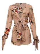 Shein Apricot Floral Print Bow Tie Blouse With Shorts