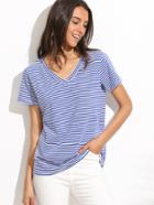 Shein Blue And White Stripe V Neck Short Sleeve T-shirt