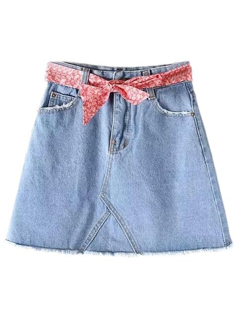 Shein Light Blue Tie-waist Bow Fringe Denim Skirt