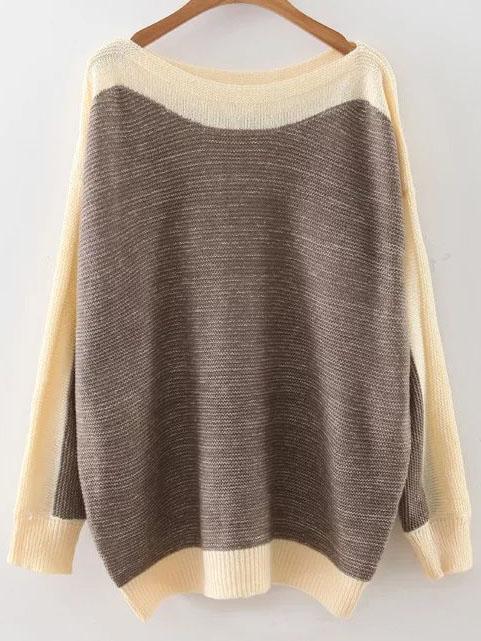 Shein Coffee Color Block Boat Neck Drop Shoulder Knitwear