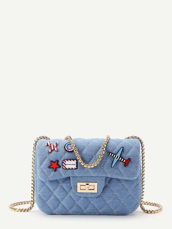 Shein Star And Airplane Patch Quilted Denim Bag